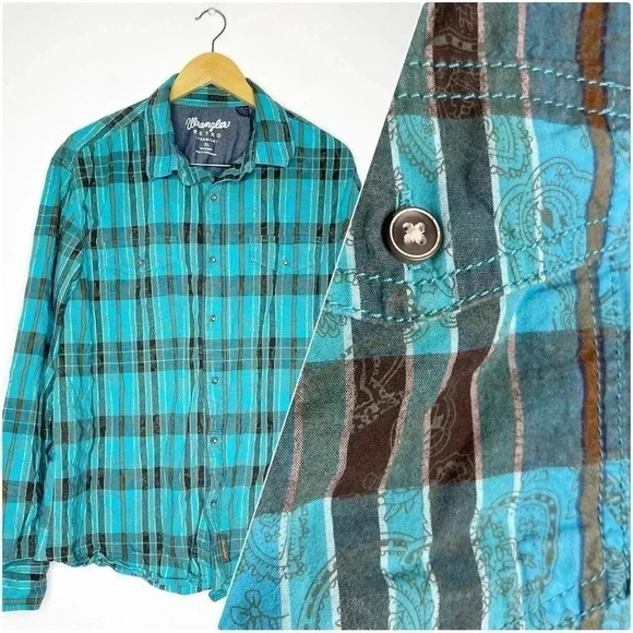 Wrangler Retro Men's Western Button Up Shirt Size XL Teal Paisley - Picture 1 of 7